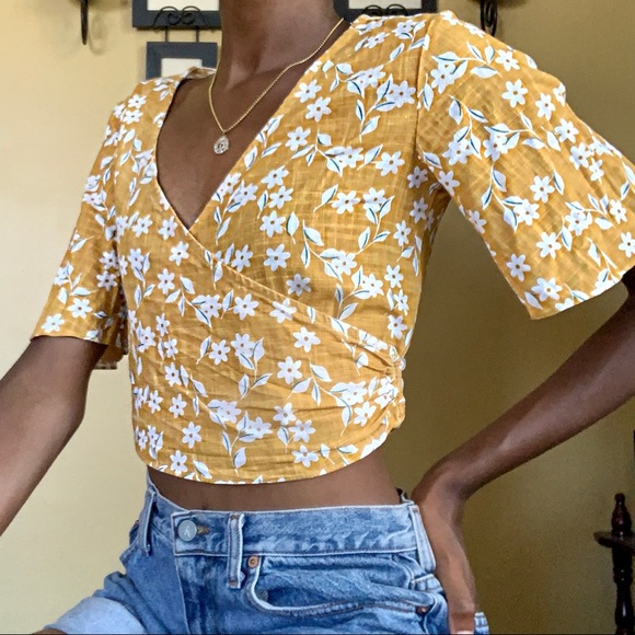 Asos Yellow Floral Cross Front Crop Top